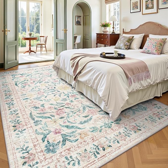 5x7 Area Rugs, Vintage Rugs for Bedroom, Indoor Non-Slip Washable Rug for Living Room, Dining Room, Low Pile Home Decor Floral Rug(Pink Bloom)