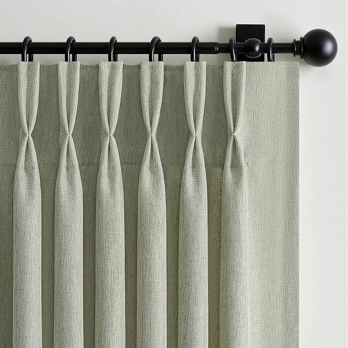 Pinch Pleated Curtains 90 Inches Long 2 Panels Set,Sage Green Semi Sheer Cotton Blend Fabric Aesthetic Advanced Curtain Drapes for Living Room Bedroom,40x90 inch Length