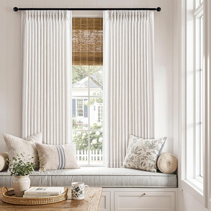 MIULEE Pinch Pleated Thick Linen Curtains 45 Inches Long 2 Panels for Kitchen Bedroom Basement, Linen Textured Memory Trained Drapes Pleat Back Tab Light Filtering Natural Small Short Window Curtains