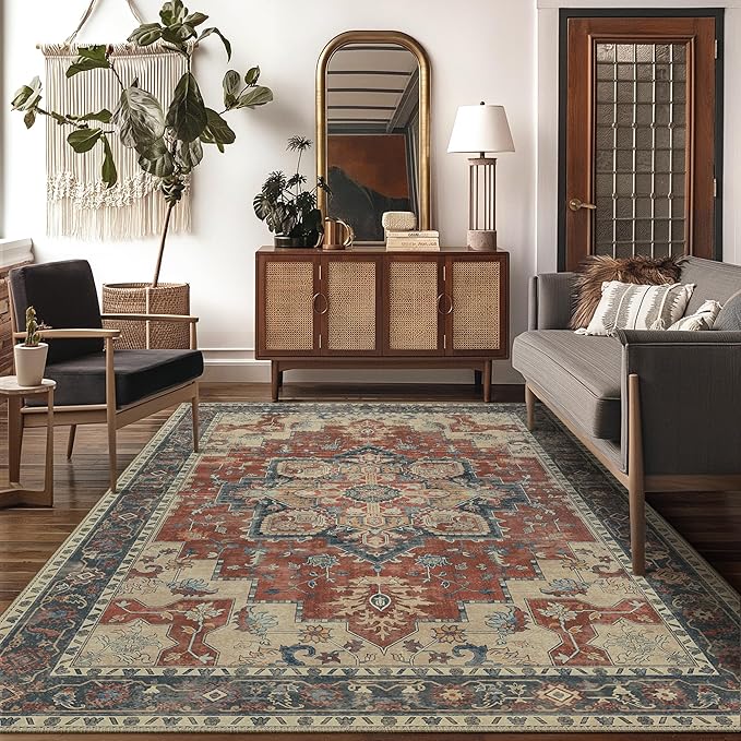 GENIMO 2x7 Runner Rugs for Hallway, Machine Washable Non Slip Vintage Rugs, Low Pile Lightweight Soft Print Rug for enrtyway, Corridor, Home Office, Kitchen, Bordeaux