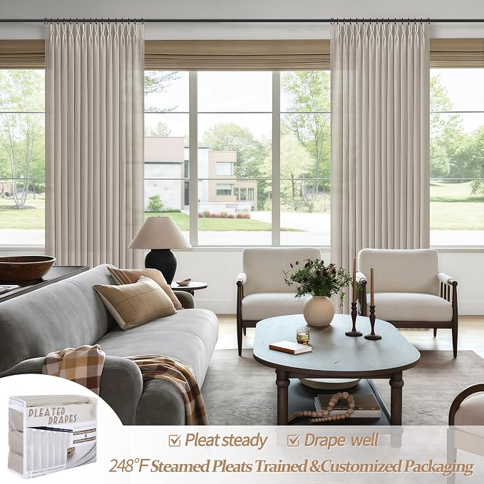 Extra Long 120 Inch Pinch Pleated Curtains for Living Room, Memory Trained Linen Blend Semi Sheer Taupe Light Filtering Privacy Large Windows Drapes 2 Panels Set 10 FT Length Greyish Brown Lux Decor