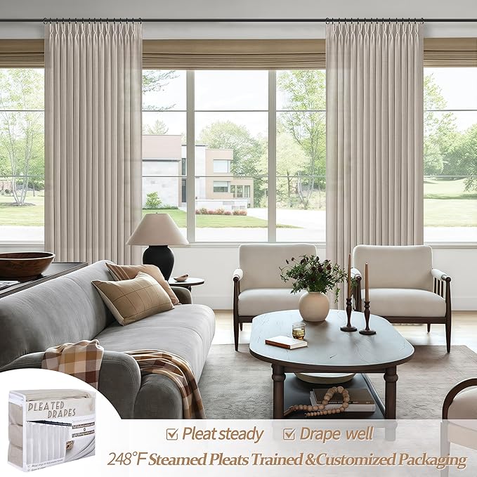 PleatedDrapes 112 Inch Extra Long Light Filtering Curtains for Kids Room 2 Panels Set, Greyish Brown Memory Shape Pinch Pleat Flax Linen Cottage Core Windows Curtain Privacy Semi Sheer Large Drapes