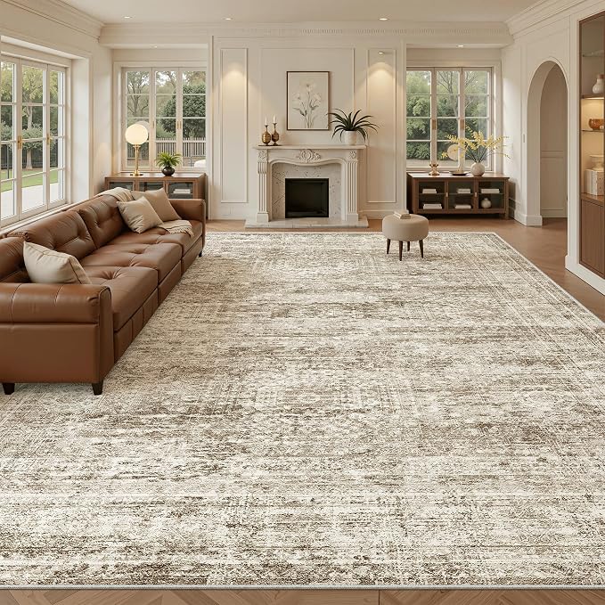 Soalmost 10x14 Area Rugs for Living Room, Non Slip Machine Washable Vintage Rugs, Low Pile Lightweight Large Rug for Bedroom, Dining Room, Home Office Brown