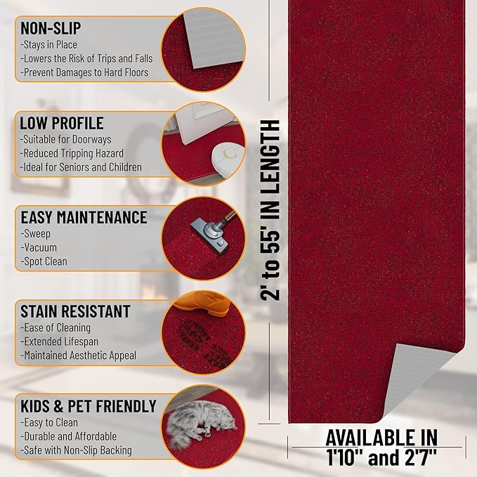 Ottomanson 1'10" x 6' Ultra-Thin Hallway Runner Rug - Durable Non-Slip Carpet for High-Traffic Areas - Fits Under Doors for Seamless Entry - Ideal for Kitchen, Entryway, Bedroom & Living Room, Red