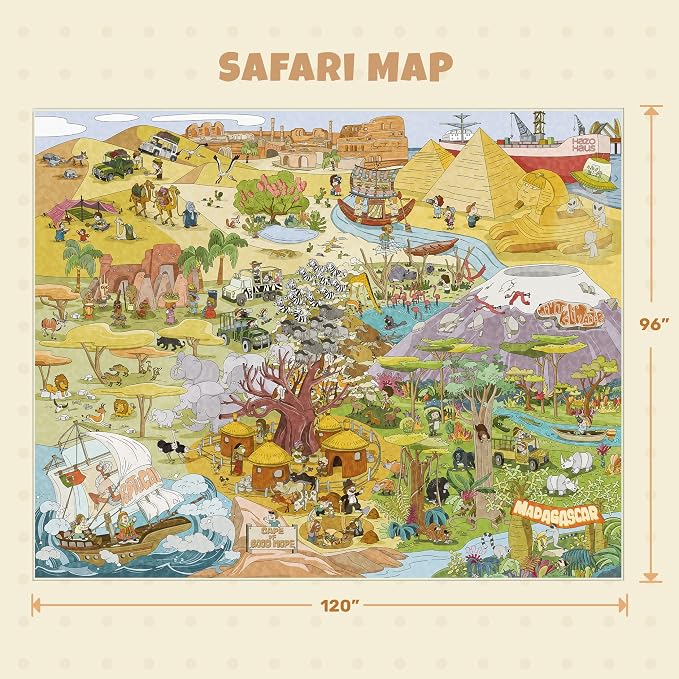 Large Kids Playroom Rug 8x10 – Desert Adventure Safari Animal Map Carpet with Lions, Elephants, Giraffes & Tribes – Educational Area Rug for Boys & Girls Bedroom, Classroom, or Reading Nook