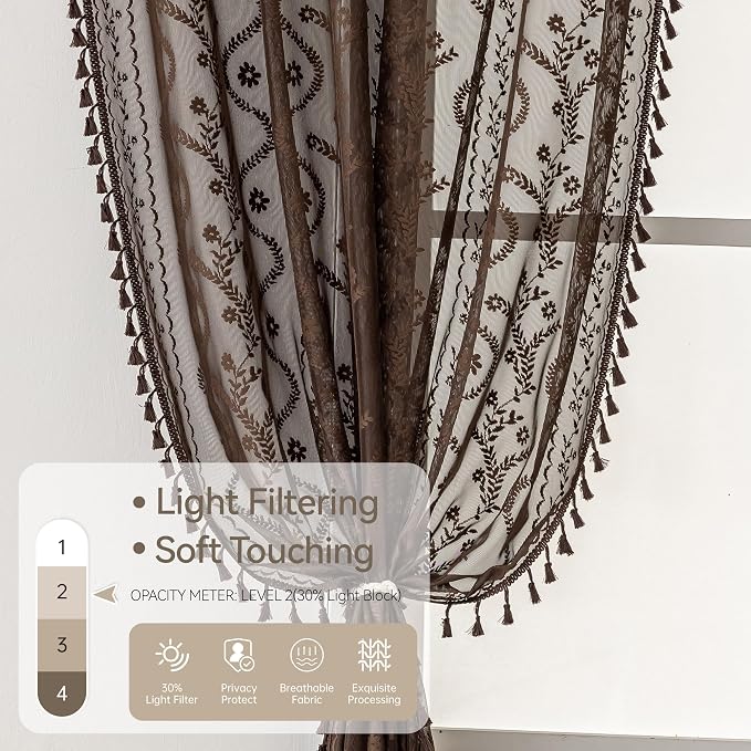 WAZZIO Boho Lace Curtains 2 Panels 84 Inch -Victorian Sheer Panel Drape French Country Floral Pattern & Tassel Light Filtering Privacy for Bedroom Dining Living Room,Rustic Style,Brown,W52x L84