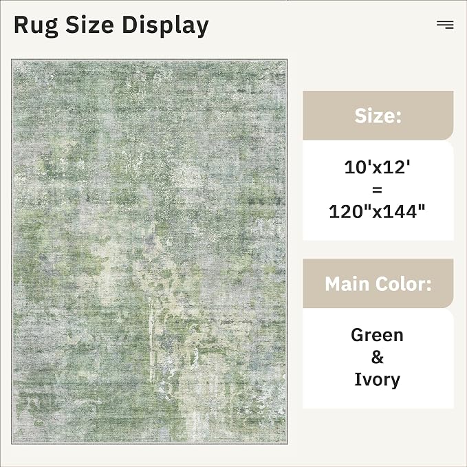 Soalmost Area Rug 10x12 Vintage Washable Living Room Large Carpet Non Slip Bedroom Indoor Office Dining Room Low Pile Thin Rug Green/Ivory