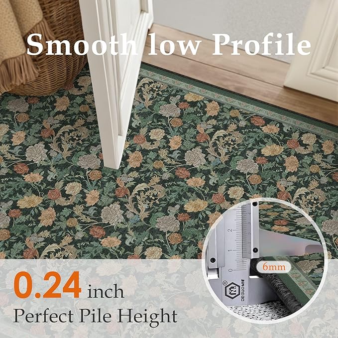 HUGEAR Retro Area Rugs 3x5 Washable Living Room Bedroom Rugs Vintage Floral Throw Carpet Dark Green Stain Resistant Non Slip Low Pile for Home Aesthetic Modern Decor
