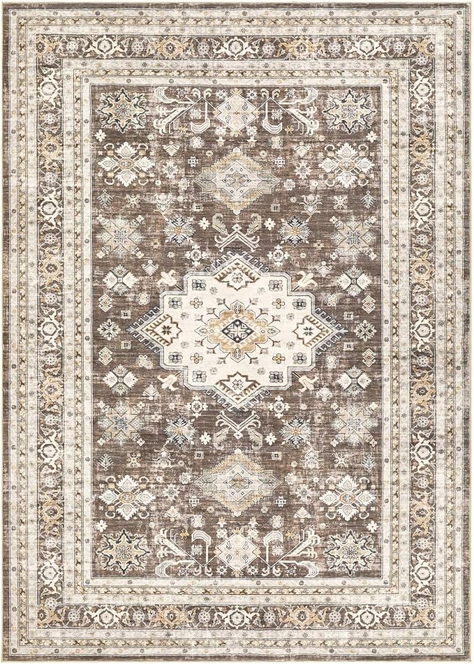 Vintage Living Room Area Rug 10x14 - Large Soft Washable Oriental Traditional Distressed Farmhouse Rugs for Bedroom - Indoor Floor Accent Carpet for Home Office House Decor - Dark Brown