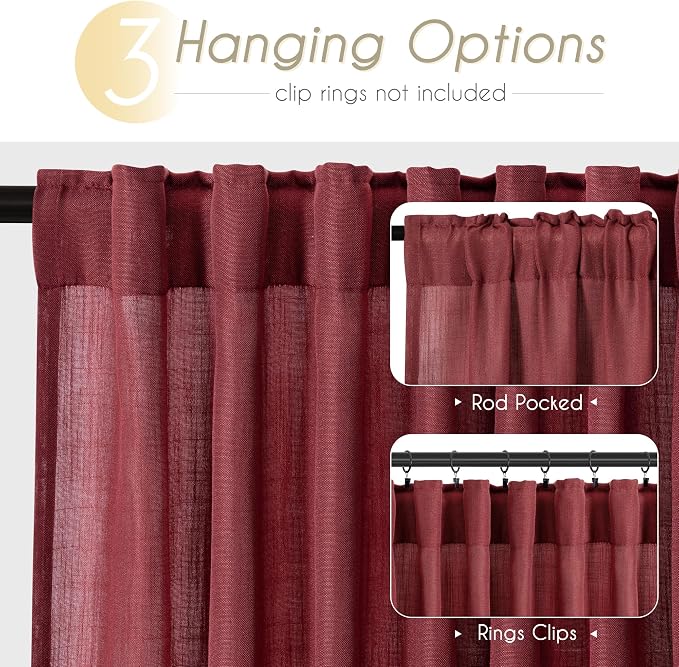 Burgundy Curtains for Living Room Back Tab Modern Farmhouse Semi Sheer Burgundy Curtains 45 inches Long 2 Panels Set Muted Neutral Window Curtain for Dining Room Bedroom 52x45
