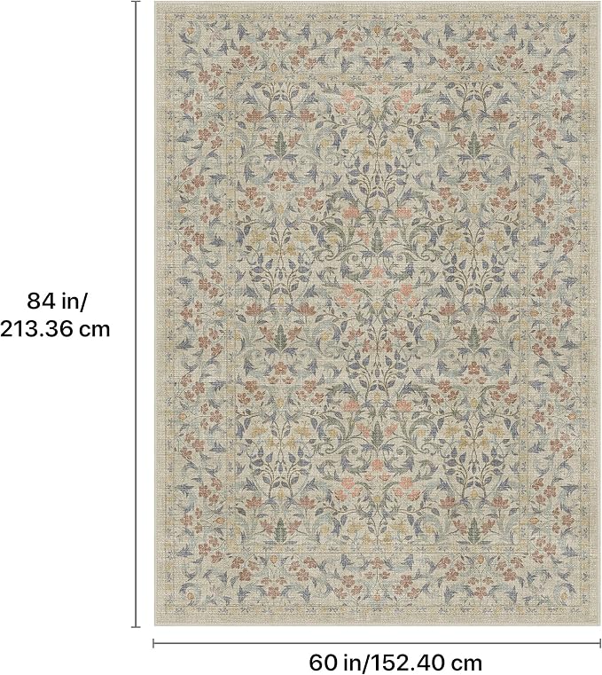 GENIMO 5x7 Washable Area Rugs for Living Room, Non Slip, Beige Blue | Vintage Boho Floral Low Pile Thin Carpet for Bedroom, Dining Room, Nursery, Indoor Decor
