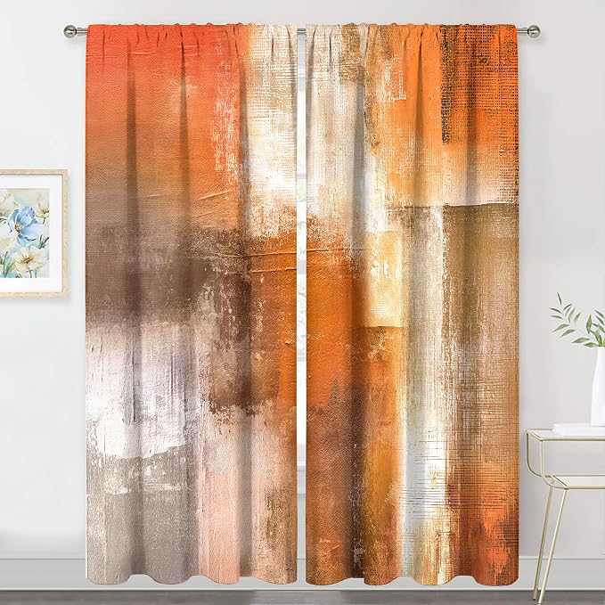 MESHELLY Abstract Burnt Orange Curtains 52Wx84H Inch Rod Pocket Gray Rust Brown Watercolor Oil Painting Bedroom Window Drapes Cool Modern Simple Printed Living Room Window Treatment Fabric 2 Panels