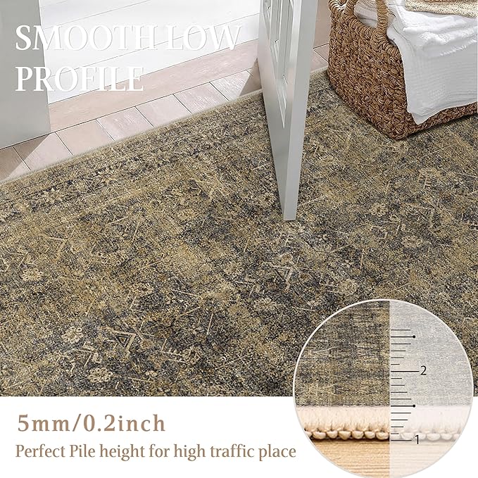 PureCozy 6x9 Brown Black Area Rug for Living Room Washable Vintage Distressed Carpet Large Bedroom Low Pile Non Slip Indoor Soft Retro Throw Accent Rug Office Kitchen Bathroom Dining Room