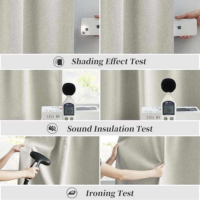 KEQIAOSUOCAI Linen Blackout Curtain Panels, Boho Country Cooling Warming Completely Blackout 72 inch Drop Thermal Insulated Draperies,Hook Belt Back Tab, 2 Panels Set, 50 by 72 Inch, Greyish Beige