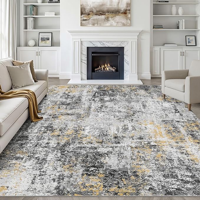 8x10 Area Rugs Living Room: Washable Large Neutral Rug Abstract Soft Modern Stain Resistant Indoor Floor Non-Slip Carpet for Bedroom Nursery Kids Office Playroom Dining Room Under Table- Black Gold