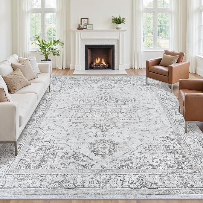 9x12 Area Rugs for Living Room:Gray Washable Vintage Medallion Rug Non-Slip Soft Low Pile Large Rugs Indoor Retro Carpet for Bedroom Kitchen Nursery Dining Table Office (Gray, 9'x12')