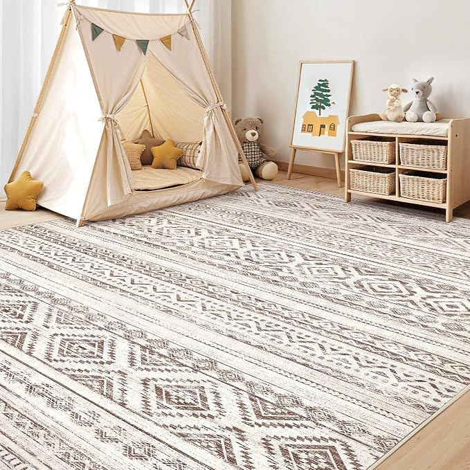 cotiled 7x9 Area Rugs Living Room Rug: Washable Boho Rugs with Non Slip Backing Large Soft Indoor Stain Resistant Carpet for Bedroom Farmhouse Dining Room Lightweight Home Decor Dark Brown