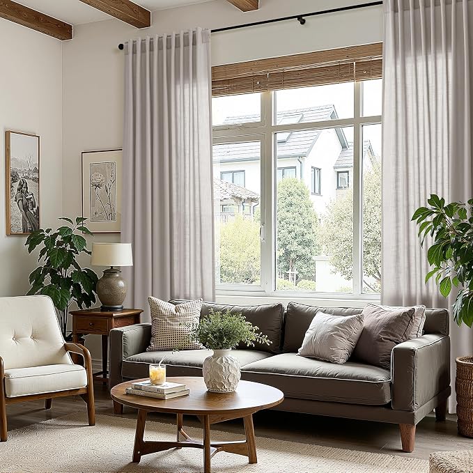 Stone Grey Linen Curtains 120 Inches Long for Living Room Simple Modern Light Filtering Semi Sheer Curtain Back Tab Neutral Luxury Extra Long Floor to Ceiling High Window for Bedroom 52x120, 2 Panels