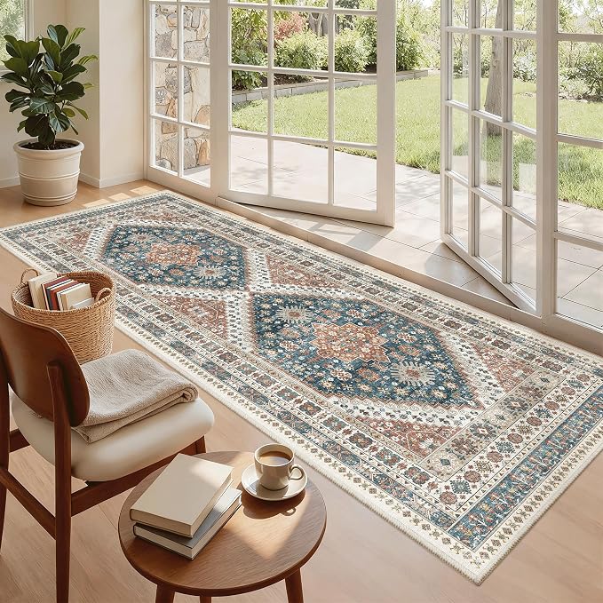 Madane Hallway Runner 3x8, Kitchen Rugs Washable Entry Rug, Navy Blue | Vintage Non Slip Entryway Indoor Area Rugs, Soft Low-Pile Farmhouse Wide Carpet Runners for Bathroom Living Room Bedroom