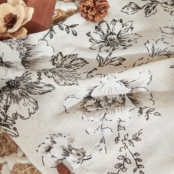 jinchan Floral Linen Tier Curtains 45 Inch Farmhouse Botanic Cafe Drapes for Small Windows Rustic Half Window Curtains for Kitchen Living Room Bathroom Laundry 2 Panels Black on Beige