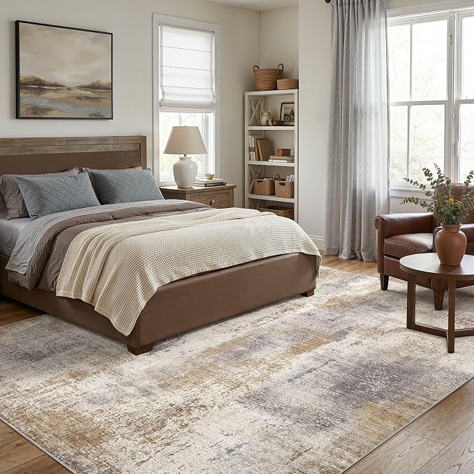 DMOYEST Area Rug Living Room Rugs - 5x8 Washable Large Soft Indoor Neutral Modern Abstract Low Pile Rug Carpet for Bedroom Dining Room Farmhouse Home Office - Brown Grey