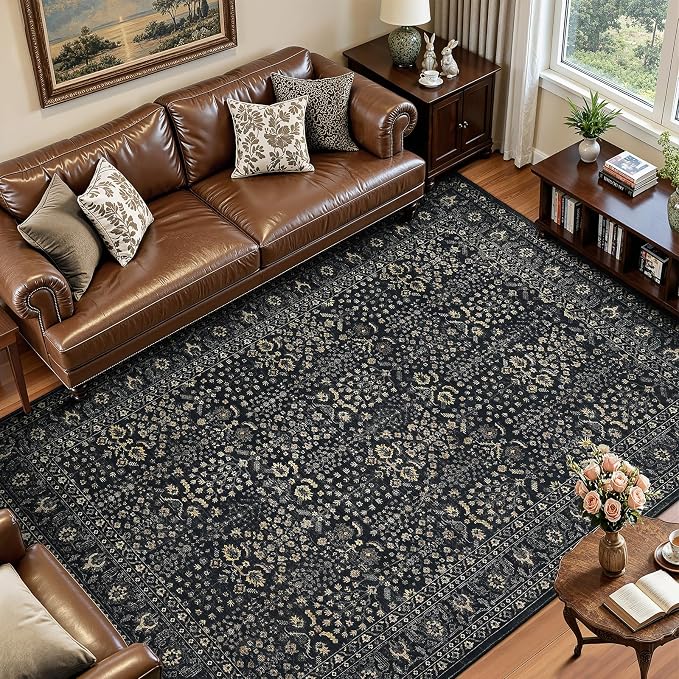 Lofus 5x7 Washable Black Area Rug for Living Room Bedroom Non-Slip Low Pile | Soft Boho Vintage Area Rugs for Bedroom Dinning Room Home Office Indoor