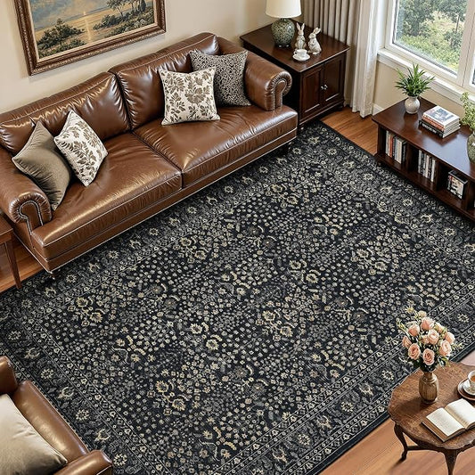 Lofus 5x7 Washable Black Area Rug for Living Room Bedroom Non-Slip Low Pile | Soft Boho Vintage Area Rugs for Bedroom Dinning Room Home Office Indoor