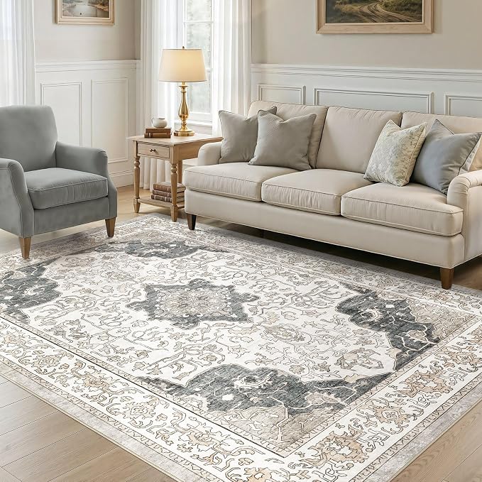 cotiled 8x10 Area Rug Machine Washable Vintage Carpet for Living Room Bedroom Soft Non-Slip Backing Floor Mat Kid & Pet Friendly Stain Resistant Light Brown