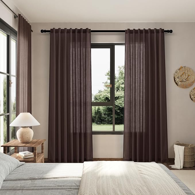 Coffee Linen Curtains 80 Inch Length 2 Panels Set Back Tab Rod Pocket Textured Sheer Light Filtering Boho Room Decor Aesthetic Curtains Burlap Look Curtain Drapes for Living Room Bedroom 52x80