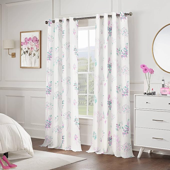 XTMYI Purple Curtains for Living Room 2 Panels Grommet Room Darkening 80% Blackout Pastel Pale Colored Floral Print Woman Feminine Curtains for Office,Purple and Gray,52 by 84 Inches Long