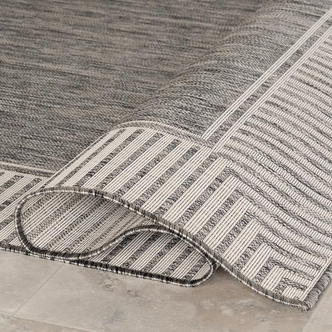 Nuloom Asha Grey/Ivory, 8' x 10', Casual, Striped Border, Soft and Cozy, High Traffic, Easy Clean, Durable Area Rug for Indoor/Outdoor Patio, Deck, Porch, Garden, Courtyard