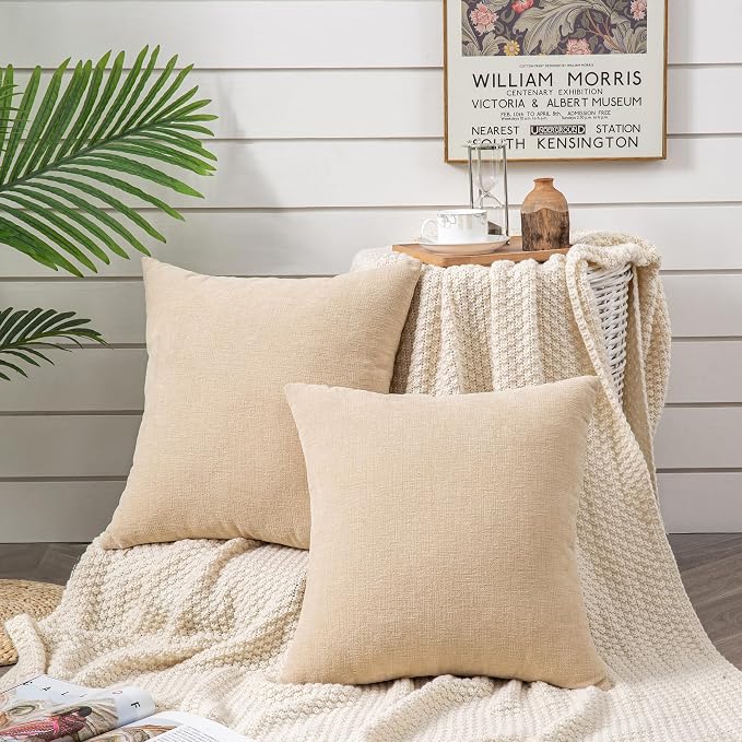 GAWAMAY Decorative Chenille Throw Pillow Covers 26x26 Inch Pack of 2, Soft Square Couch Pillow Cover for Sofa Cushion Living Room Bedroom Solid Dyed Oversized Pillowcases Beige 66x66cm (ONLY Covers)