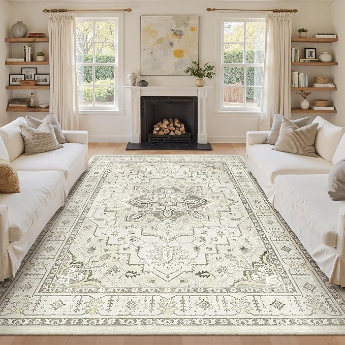 zesthome Area Rug 8x10,Ultra-Thin Washable Rugs for Living Room, Non-Slip Backing Area Rugs,Small Entryway Rug,Vintage Medallion Pattern Rugs (Beige,8'x10')