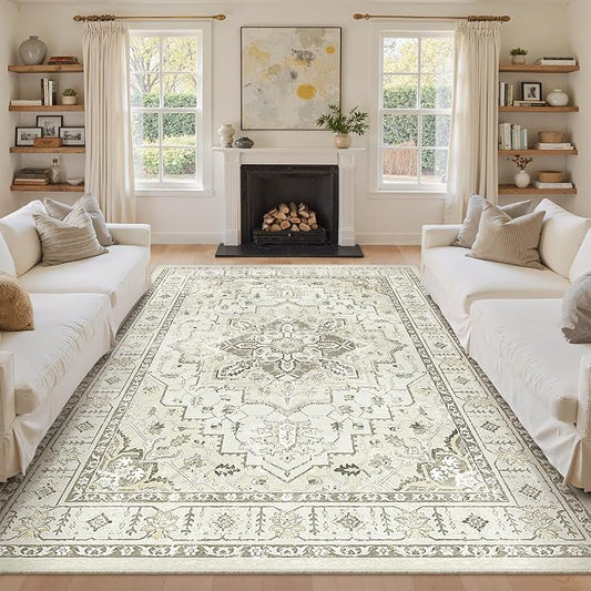 zesthome Area Rug 8x10,Ultra-Thin Washable Rugs for Living Room, Non-Slip Backing Area Rugs,Small Entryway Rug,Vintage Medallion Pattern Rugs (Beige,8'x10')