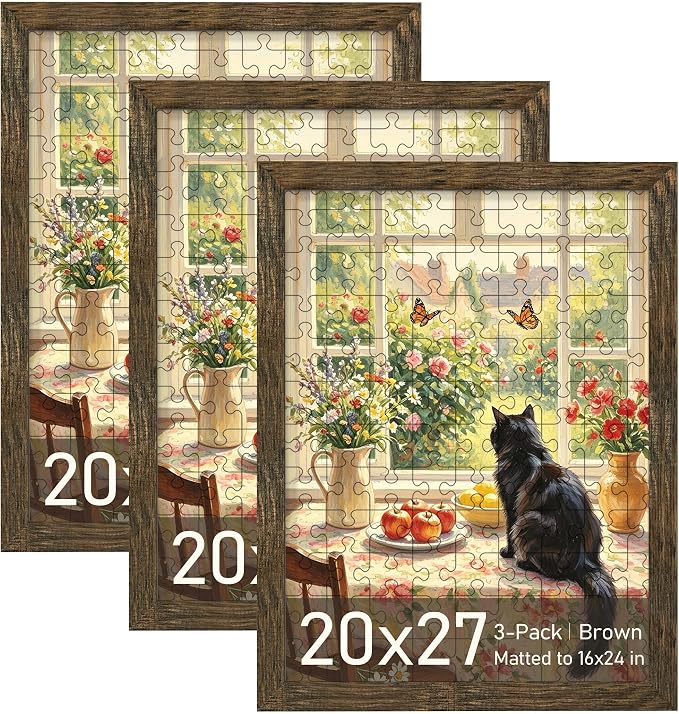 Picrit 20x27 Picture Frame 3 Pack, Wooden Brown Rustic Puzzle Frame, Display Poster 16 x 24 with Mat or 20 x 27 without Mat for Horizontal or Vertical Wall Mounting