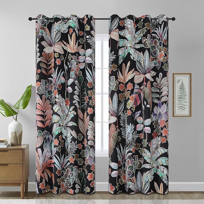 Estelar Textiler Black Boho Floral Blackout Curtains 2 Panel Sets for Bedroom,Botanical Printed Thermal Insulated Room Darkening Grommet Window Curtains & Drapes for Living Room,52Wx96L