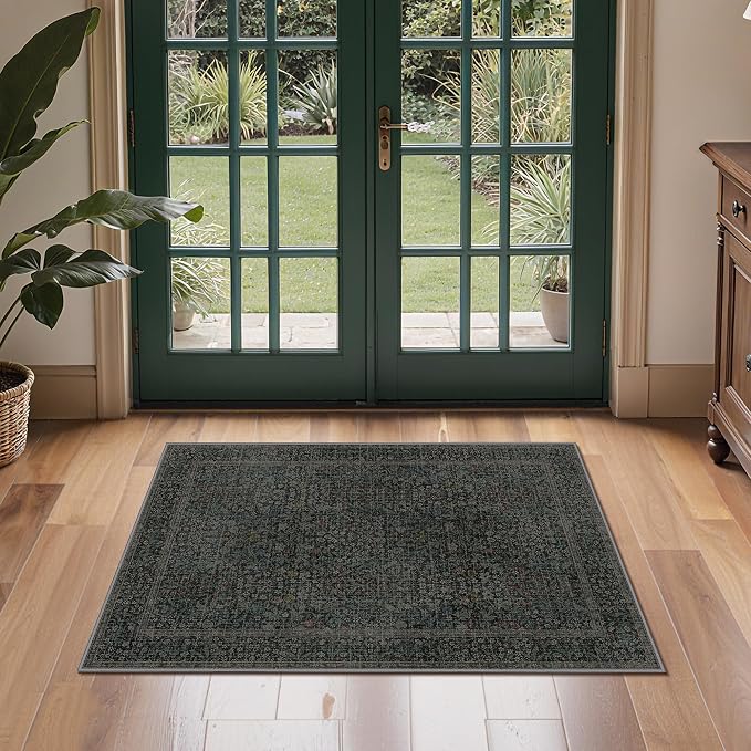 GENIMO 2x3 Washable Kitchen Rug, Non Slip Indoor Door Mat, Charcoal Green | Vintage Boho Floral Low Pile Entryway Mat for Bathroom, Front Door and Laundry Room