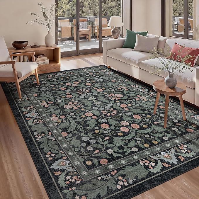 Floral 5x7 Area Rugs for Living Room, Machine Washable Vintage Rug Boho Low Pile Carpets Non Slip Soft Carpet for Farmhouse Bedroom Office Rugs, Kids Room, Nursery Room, Playroom, Dark Black Green
