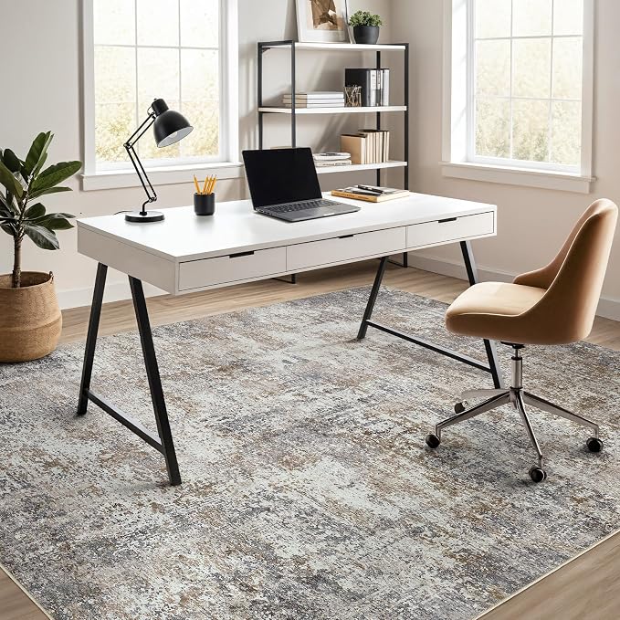 DMOYEST Area Rug Living Room Rugs - 7x9 Abstract Large Soft Indoor Washable Rug Neutral Modern Low Pile Carpet for Bedroom Dining Room Farmhouse Home Office - Brown/Grey/Black