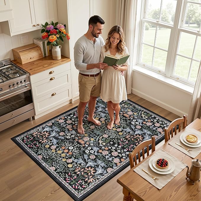 Area Rug Living Room Rugs: Floral 3x5 Washable Rug Vintage Soft Boho Non-Slip Carpet Indoor Floor Stain Resistant Large Carpets for Bedroom Dining Room Farmhouse Nursery Hallway Dark Black