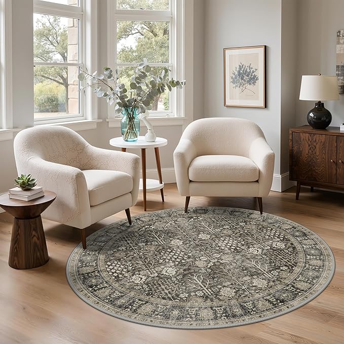 Bavni Round Rug 5FT-Machine Washable Area Rugs Non-Slip for Bedroom, 5x5 Vintage Floral Rug Distressed Throw Carpet for Living Room Nursery Kitchen Bathroom, Beige/Brown