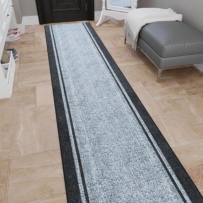 Ottomanson Hallway Runner Rug 2'7" x 14' – Soft Non-Slip Rug, Low Pile Carpet for Entryway, Kitchen & Long Hallways in Apartments and Homes, Border Gray
