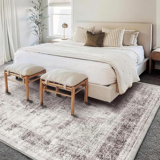 CHAMPLANT Area Rug 6'x9' Washable Floral red Vintage Traditional Floor Cover Thin Retro Kitchen Indoor Distressed Non Slip Carpet for Living Room Bedroom Dining Room