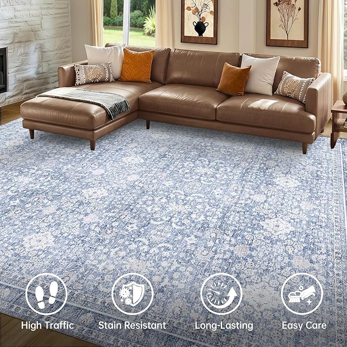 Sasttie 6x9 Area Rugs, Ultra-Soft Washable Rug, Low Pile Foldable Thin Carpets with Non-Slip Backing, Skin-Friendly Stain Resistant Carpet for Living Room, Bedroom, Kitchen, Dorm, 6x9, Light Blue