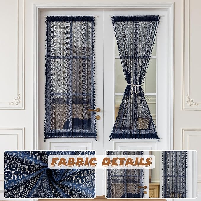 Sutuo Home Navy Blue French Door Curtains for Door Window 72 Inch Length 2 Panels, Farmhouse Semi Sheer Bohemian Tassels Vintage Privacy Drapes Decor for Patio & Sidelights, Rod Pocket 25" W x 72" L