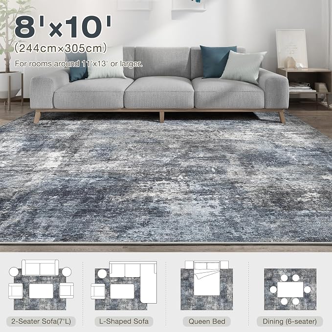 Abstract 8x10 Area Rug: Machine Washable Non Slip Ultra Thin Low-Pile Carpet, Soft Stain Resistant for Living Dining Room Bedroom, Kid Pet Friendly, Robot Vacuum Compatible - Dark Grey/Blue