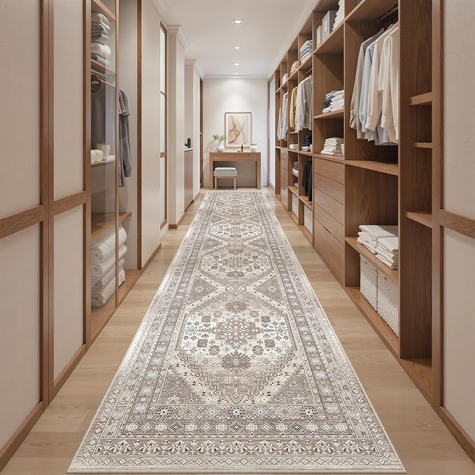 2'6" x 14'Non Slip Runner Rugs - Runners for hallways, Kitchen,Entryway,Stain Resistant Washable Rugs for Bedroom, Indoor Vintage Area Rugs (Brown/Beige,2'6" x 14')