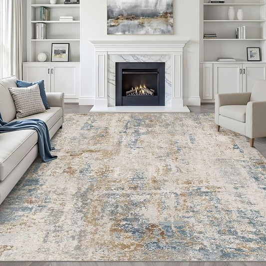 10x12 Area Rug Living Room: Washable Large Neutral Rug Abstract Soft Modern Stain Resistant Indoor Floor Non-Slip Carpet for Bedroom Nursery Kids Office Playroom Dining Room Under Table- Blue Brown