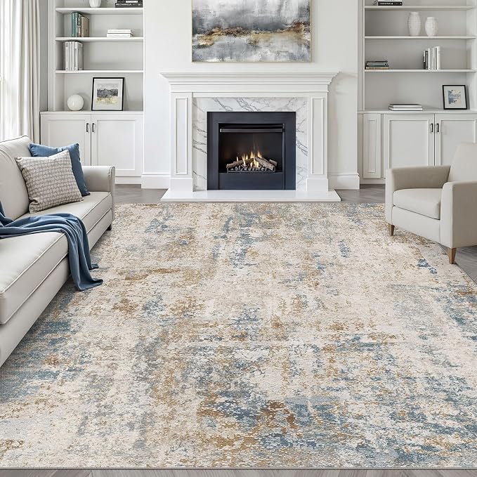 9x12 Area Rug Living Room: Washable Large Neutral Rug Abstract Soft Modern Stain Resistant Indoor Floor Non-Slip Carpet for Bedroom Nursery Kids Office Playroom Dining Room Under Table- Blue Brown