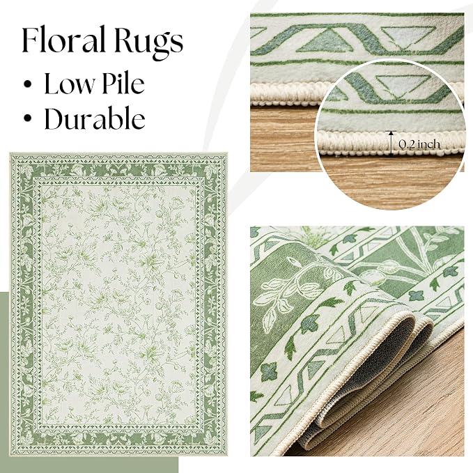 BILEEHOME Floral Area Rug for Bedroom 5x8 Sage Green and Cream Beige Vintage Boho Floral Sketch Style, Washable Low Pile Non Slip Area Rugs for Nursery Living Dining Room, Cozy Aesthetic Home Decor